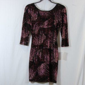 Crystal Doll Glitter Feather-Print 3/4 Sleeve Bodycon Dress Size Medium
